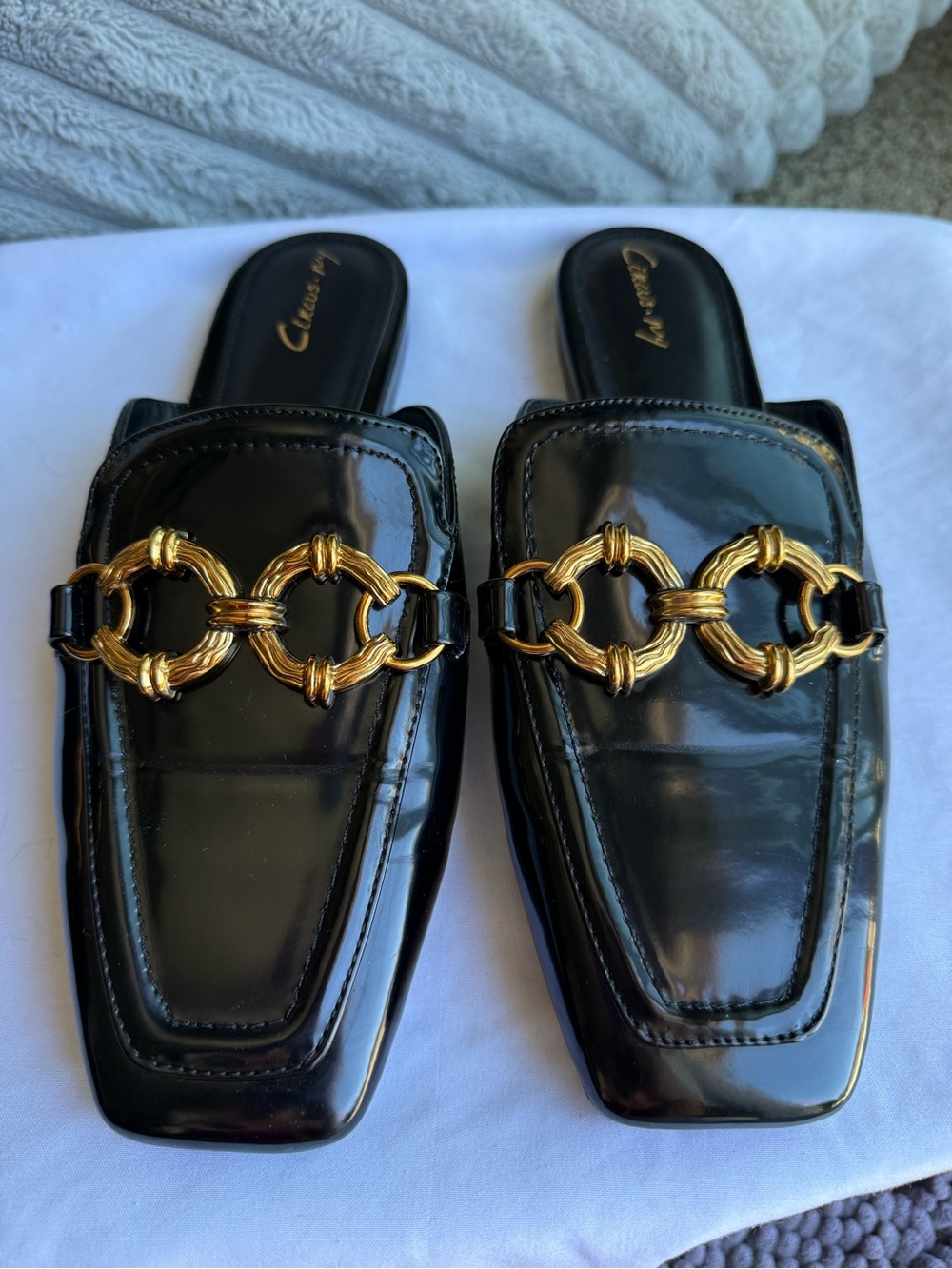 Circus NY by Sam Edelman Black Patent Slide Mules with Gold Chain Accent